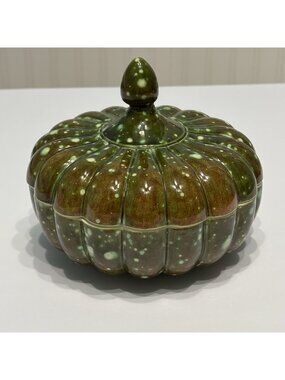 Vintage 1977 Pumpkin Candy Dish Lid Hand Painted Green Ceramic Fall Decor